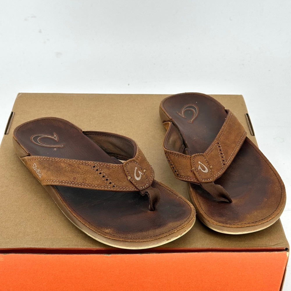 Olukai Nui Rum Brown Flip Flop Leather Sandals Coastal Surf Summer Comfy Men's 9